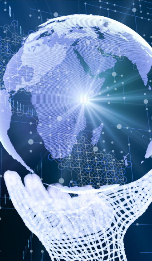 A digital hand holding a glowing globe, symbolising global connection and collective learning through the SoulCraftAI community.